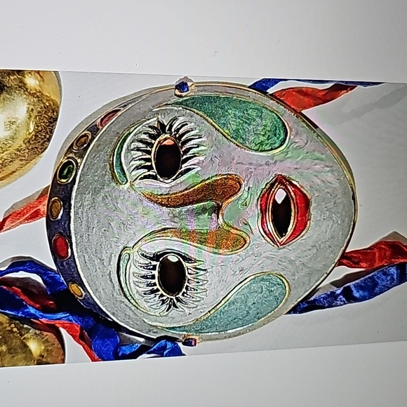 Solid Brass Masks Hand Painted Mardi Gras Vintage Lot of 3 Wall Art - Picture 5 of 8